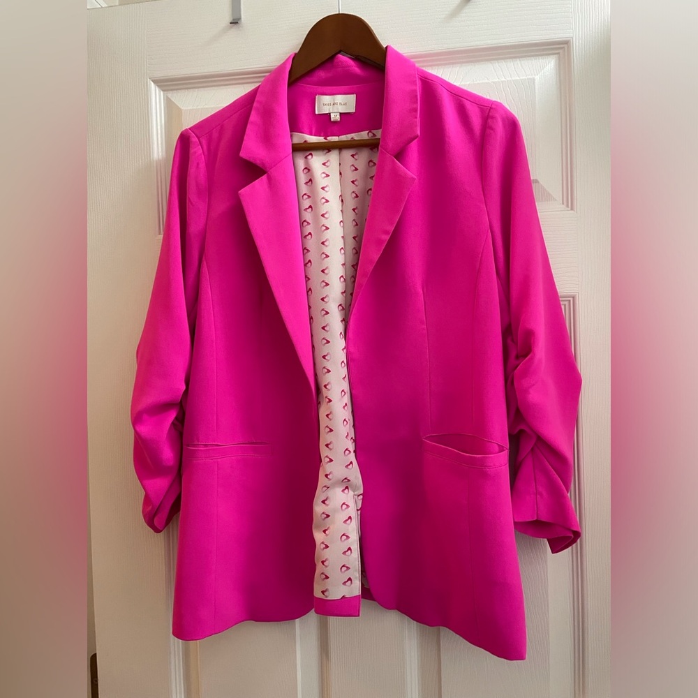 Skies Are Blue Neon Pink Blazer with Classic Lapel and Ruched Sleeves